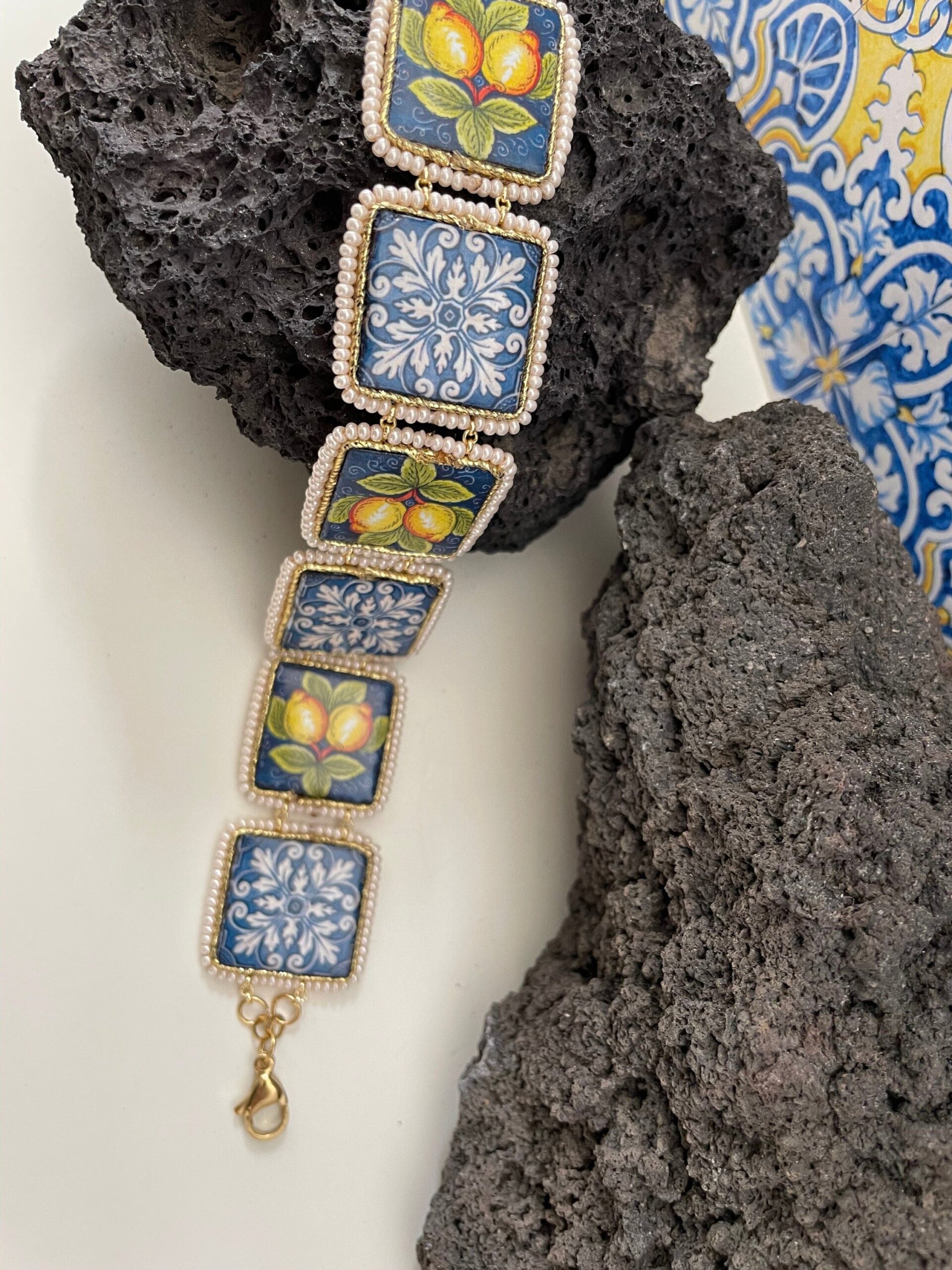 Bracciale mattonelle, Bracciale siciliano, con mattonelle ceramica di caltagirone, fantasia maiolica siciliana, varie fantasie. Bracciali con Mattonelle Caltagirone