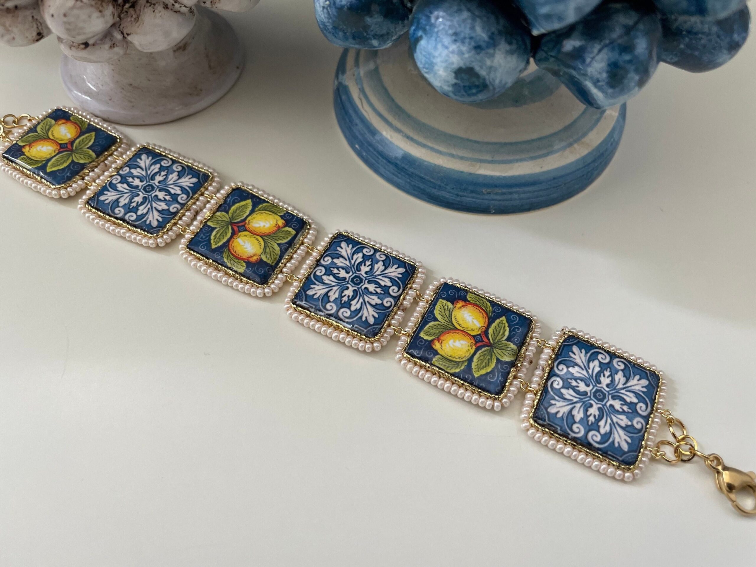 Bracciale mattonelle, Bracciale siciliano, con mattonelle ceramica di caltagirone, fantasia maiolica siciliana, varie fantasie. Bracciali con Mattonelle Caltagirone