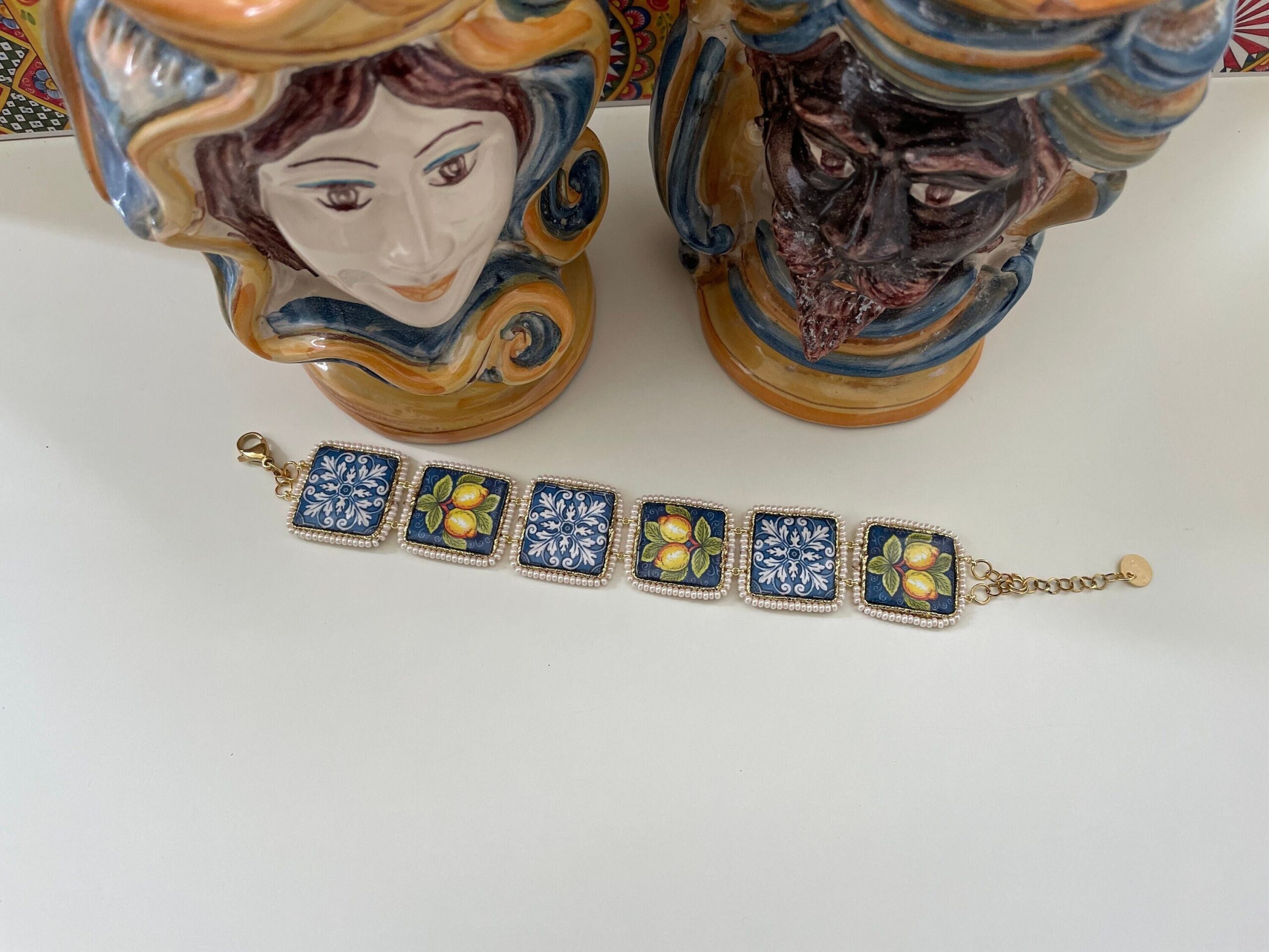 Bracciale mattonelle, Bracciale siciliano, con mattonelle ceramica di caltagirone, fantasia maiolica siciliana, varie fantasie. Bracciali con Mattonelle Caltagirone