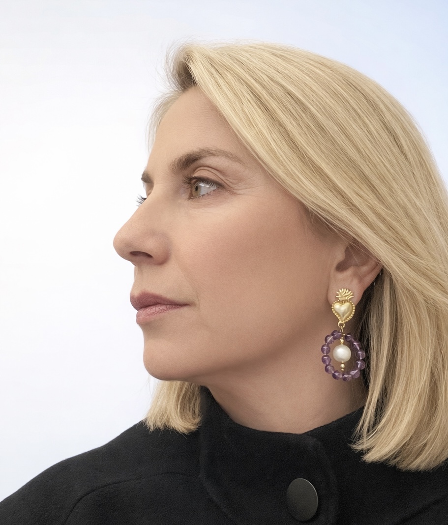 orecchini artigianali siciliani con Cuore sacro e ametista