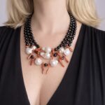 collana annodata onice, perle e corallo del mediterraneo